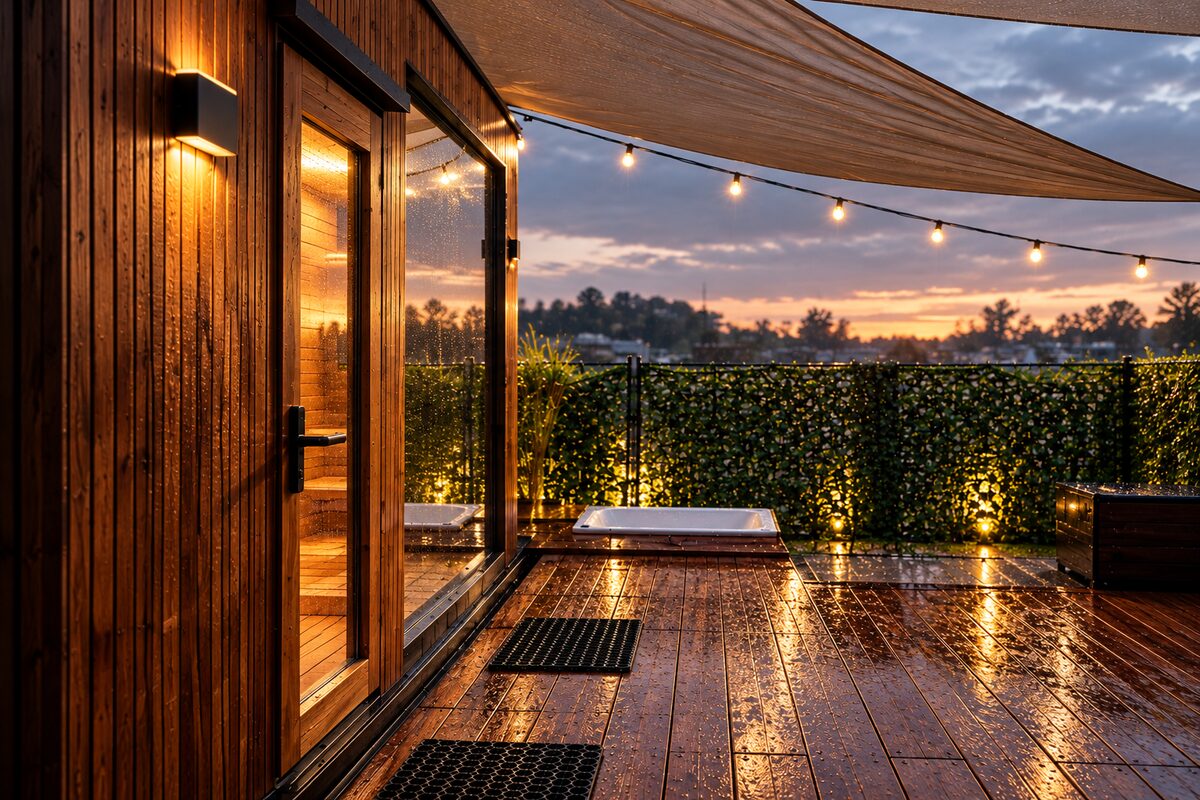 Turban Sauna entrance at dusk with timber cladding, decking and warm evening lights