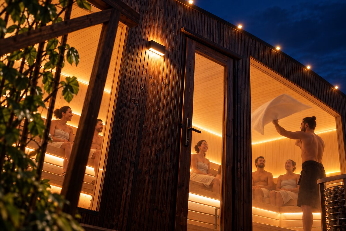 A sauna host guiding a small group through a round at dusk