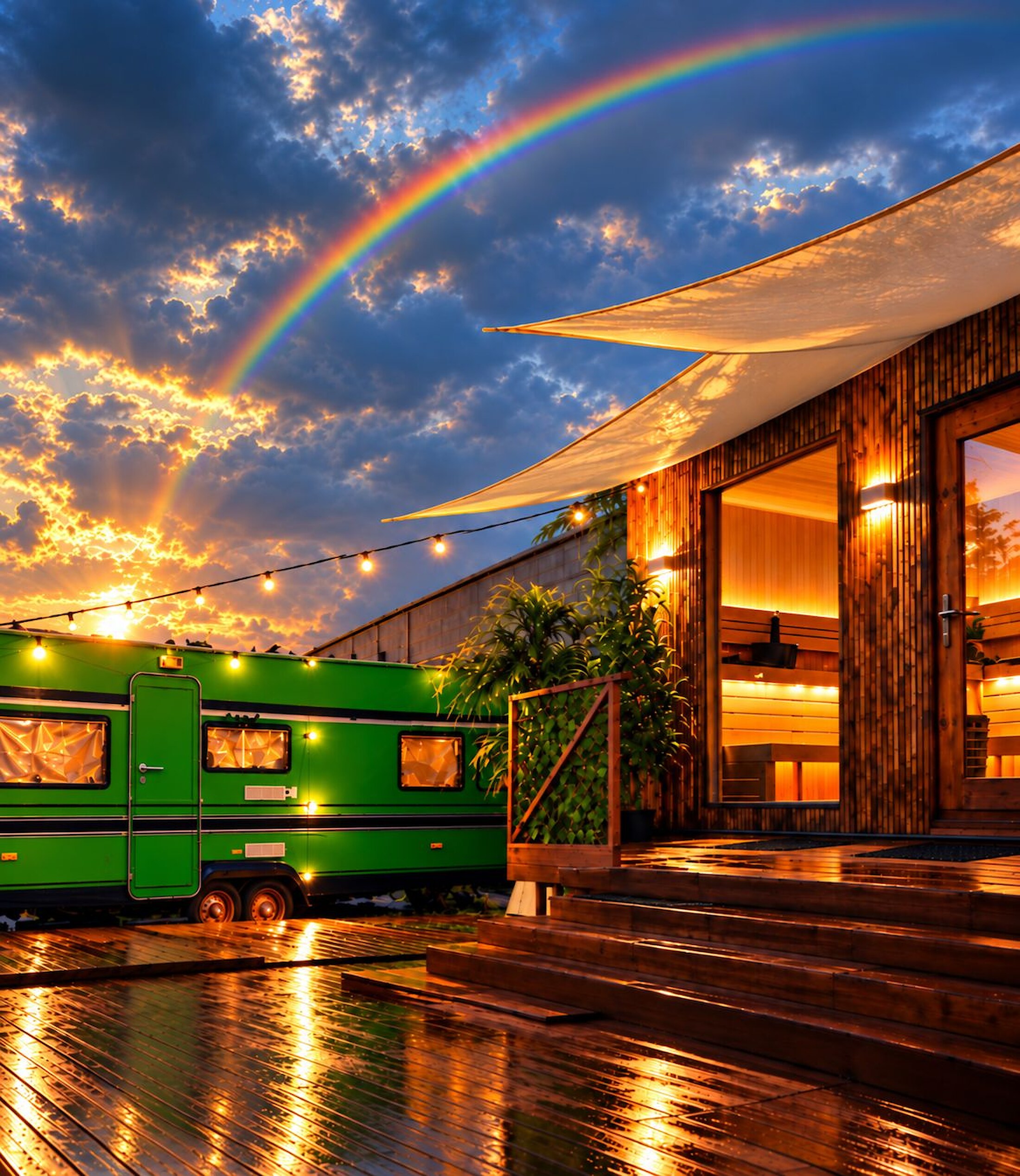 Turban Sauna outdoor sauna retreat in Sydhavnen, Copenhagen — wooden sauna cabin glowing at golden hour under a rainbow sky, with festoon lights and a green vintage caravan
