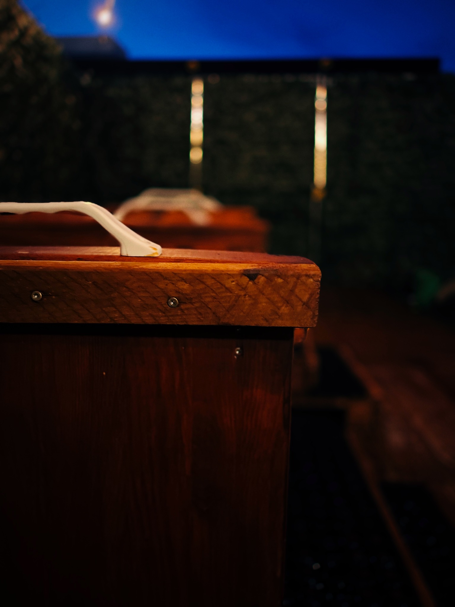 Warm wooden detail at dusk