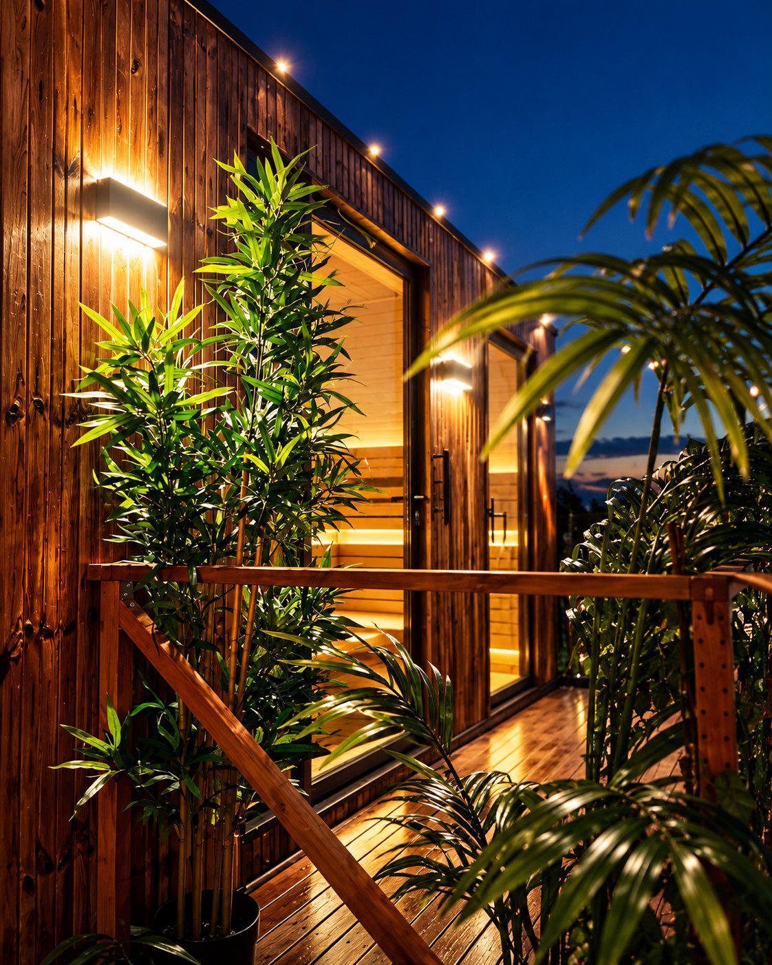 The Turban Sauna cabin at dusk: dark wood, warm light from the windows and green plants by the railing