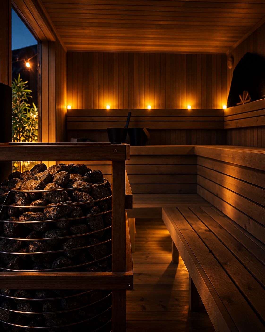 Inside the Turban Sauna cabin in Copenhagen — warm cedar-lit interior with heated sauna stones, set for a guided saunagus session
