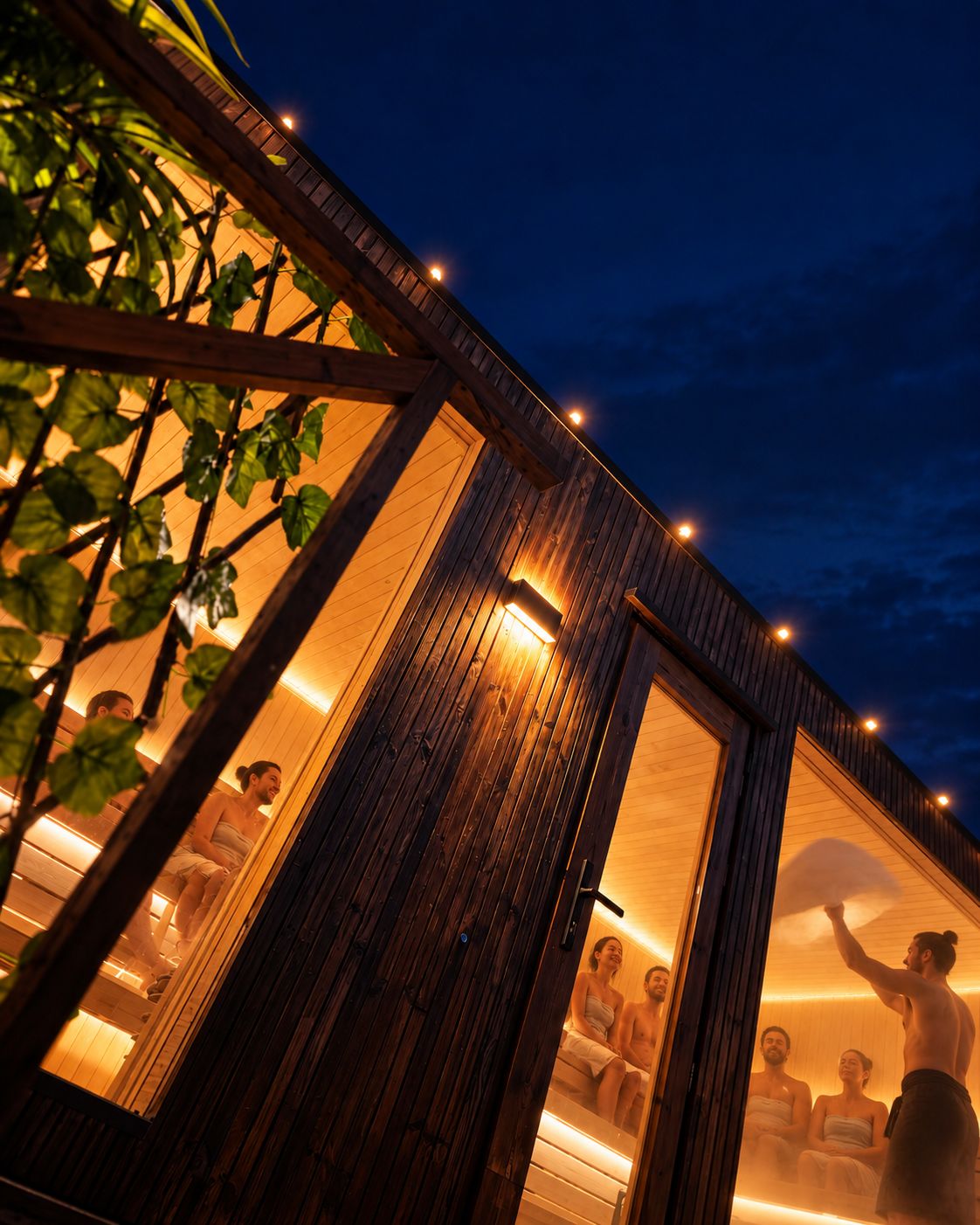Guided saunagus ritual at Turban Sauna at dusk in Sydhavnen, Copenhagen — a host leading aufguss heat rounds in the outdoor sauna